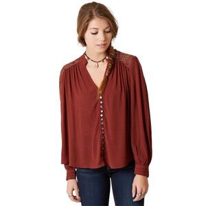 Free People XS Top Canyon Rose Shirt Boho Rust Gold Pearl Button Embroidered 675